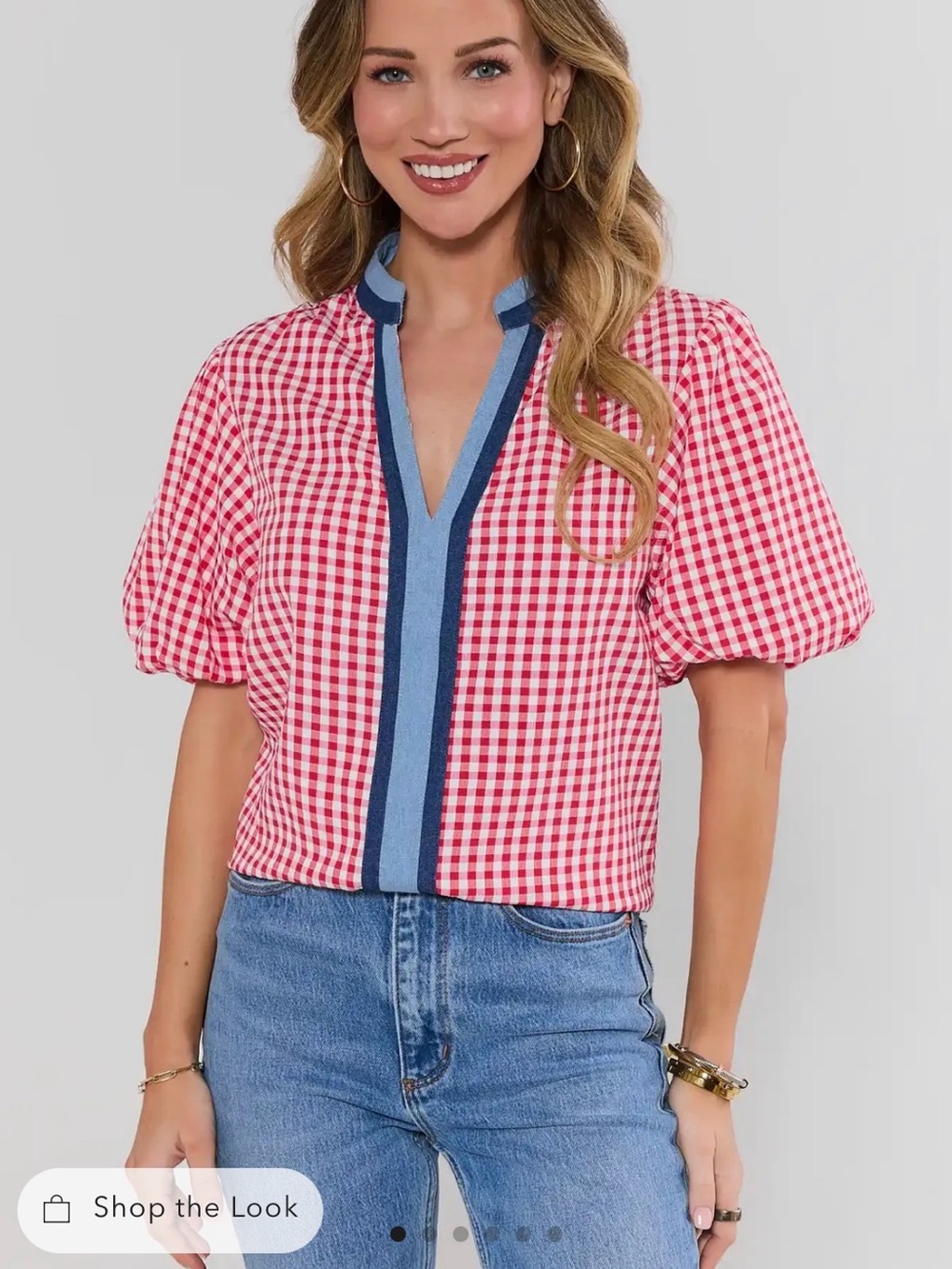 Red Gingham Puff Sleeve V-Neck Blouse with Blue Trim